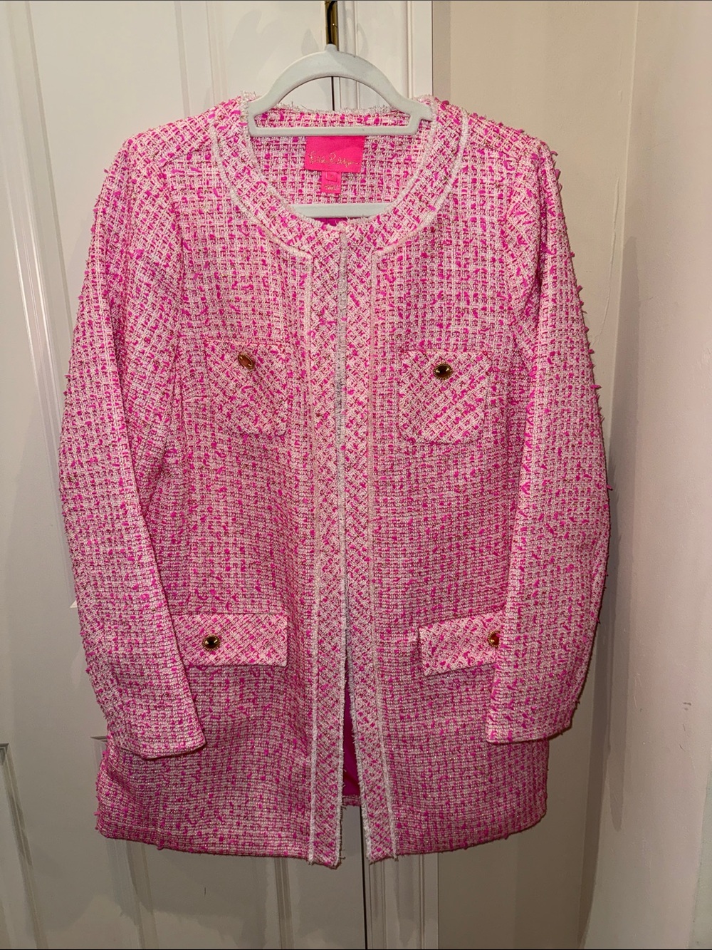 Lilly Pulitzer Women's Pink Tweed Long Jacket Coat - Classic Bouclé Style